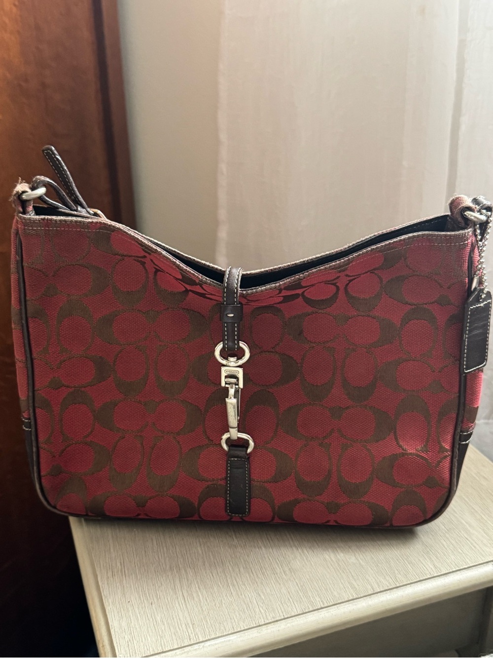 Coach Red Jacquard Signature Shoulder Bag with Brown Trim